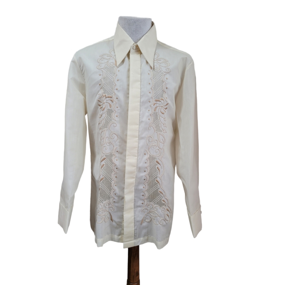 Men's Size XL Vtg Barong Tagalog Filipino Embroidered Dress Shirt Ivory/Cream
